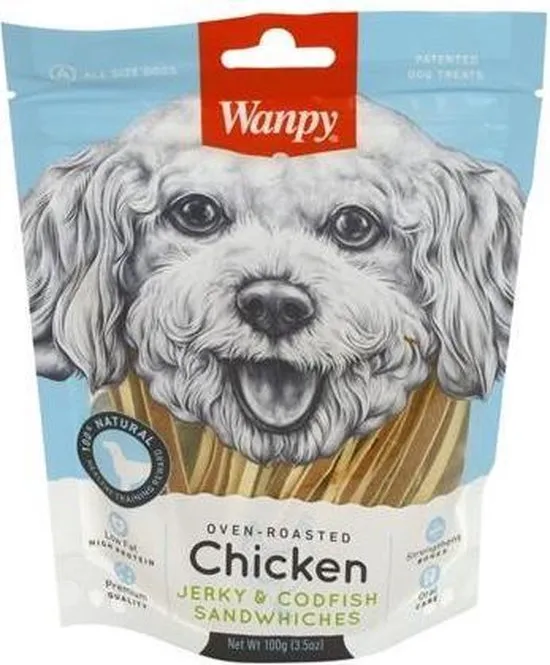 Wanpy Dog Treat Chicken Jerky & Codfish Sandwiches 100g