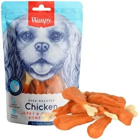 Wanpy Dog Treat Chicken Jerky And Calcium Bone Wraps 100g