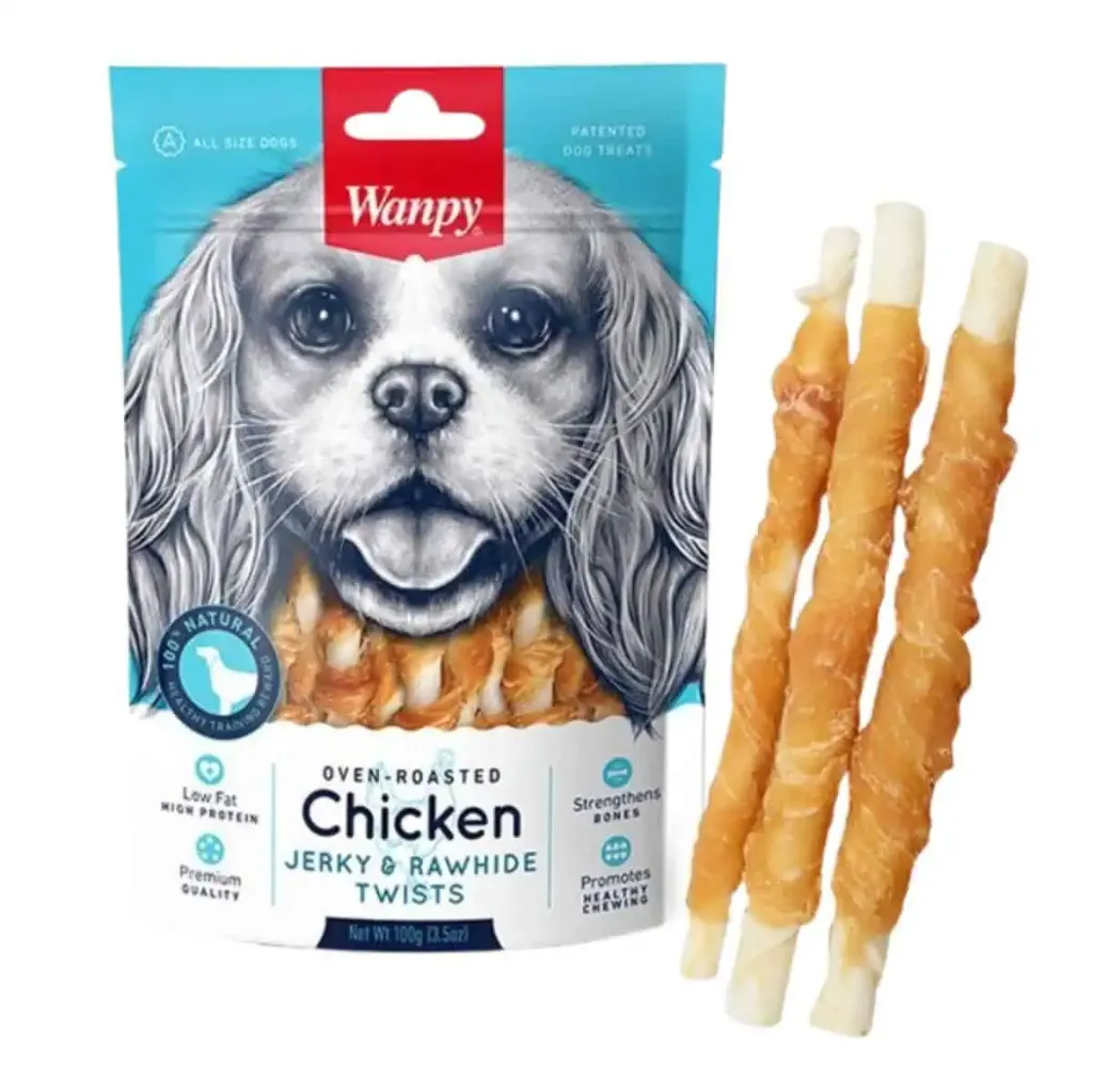 Wanpy Dog Treat Chicken Jerky & Rawhide Twists 100g