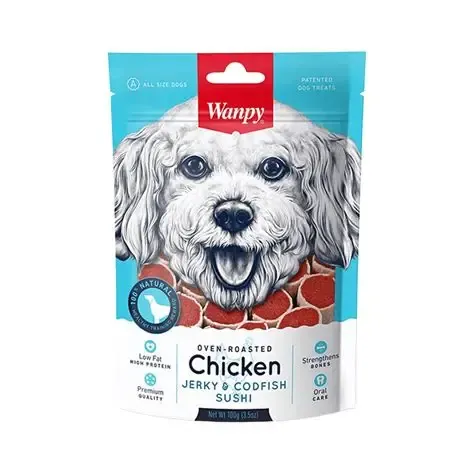 Wanpy Dog Treat Chicken Jerky & Codfish Sushi 100g